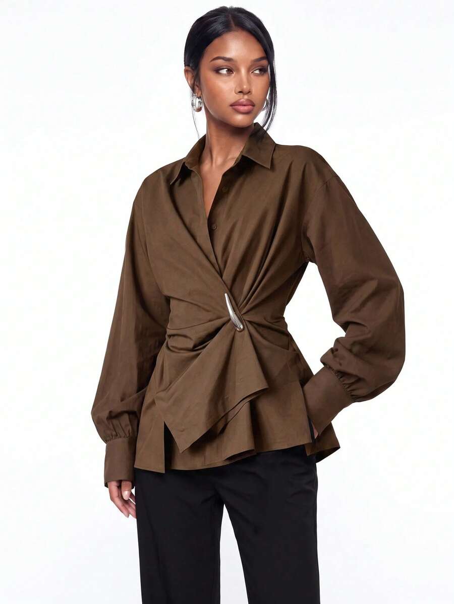 Avantive Women's Solid Color Metal Decor Casual Versatile Daily Wear Top - Brown - View 1