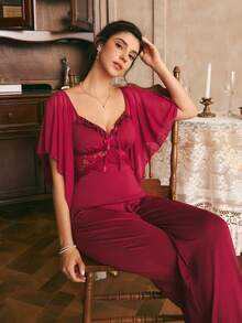 Côtesoire Women's Sexy Elegant Romantic Lace Contrast Mesh Ruffle Sleeve Comfortable Knit Pajama Set - Burgundy - View 1