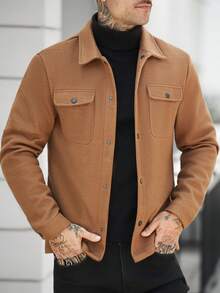Manfinity LEGND Men's Solid Color Single-Breasted Casual Versatile Daily Wear Long Sleeve Wool Jacket - Khaki - View 6