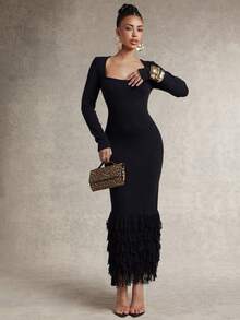 Silquee Women's Solid Color Long Sleeve Tassel Hem Fitted Elegant Knit Dress - Black - View 4