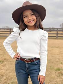 Emery Rose Kids Emery Rose Kids 青少年女孩純色百搭花瓣袖休閒T恤，適合日常穿著 - 白色 - 查看 1