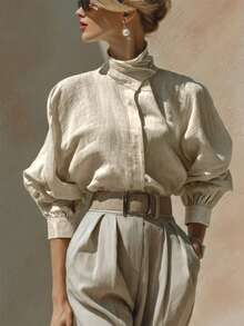 SHEIN Women's Solid Color Single-Breasted Casual Versatile Daily Wear Shirt - Khaki - View 4