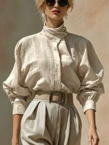 SHEIN Women's Solid Color Single-Breasted Casual Versatile Daily Wear Shirt - Khaki - View 5