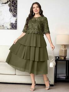 Reflora Vestido elegante de verano con patchwork de encaje para tallas grandes - Verde - Ver 8