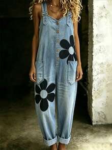 Linhara CURVE Plus-Size Women's Printed Pocket Casual 90s-Style Light Blue Overalls, Suitable For Brunch And Formal Occasions, Light Blue, Summer Collection - Blue - View 1