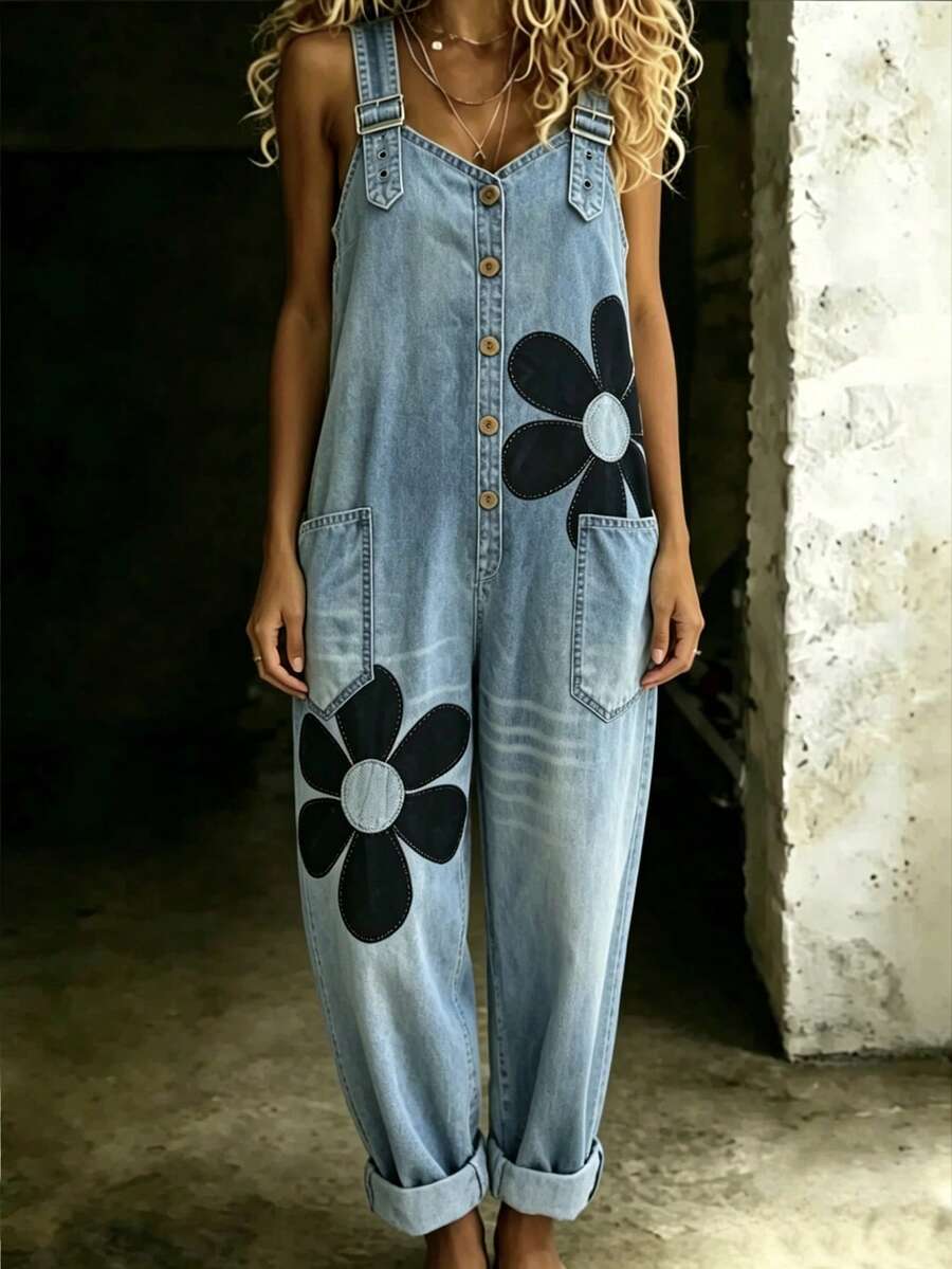 Linhara CURVE Plus-Size Women's Printed Pocket Casual 90s-Style Light Blue Overalls, Suitable For Brunch And Formal Occasions, Light Blue, Summer Collection - Blue - View 1