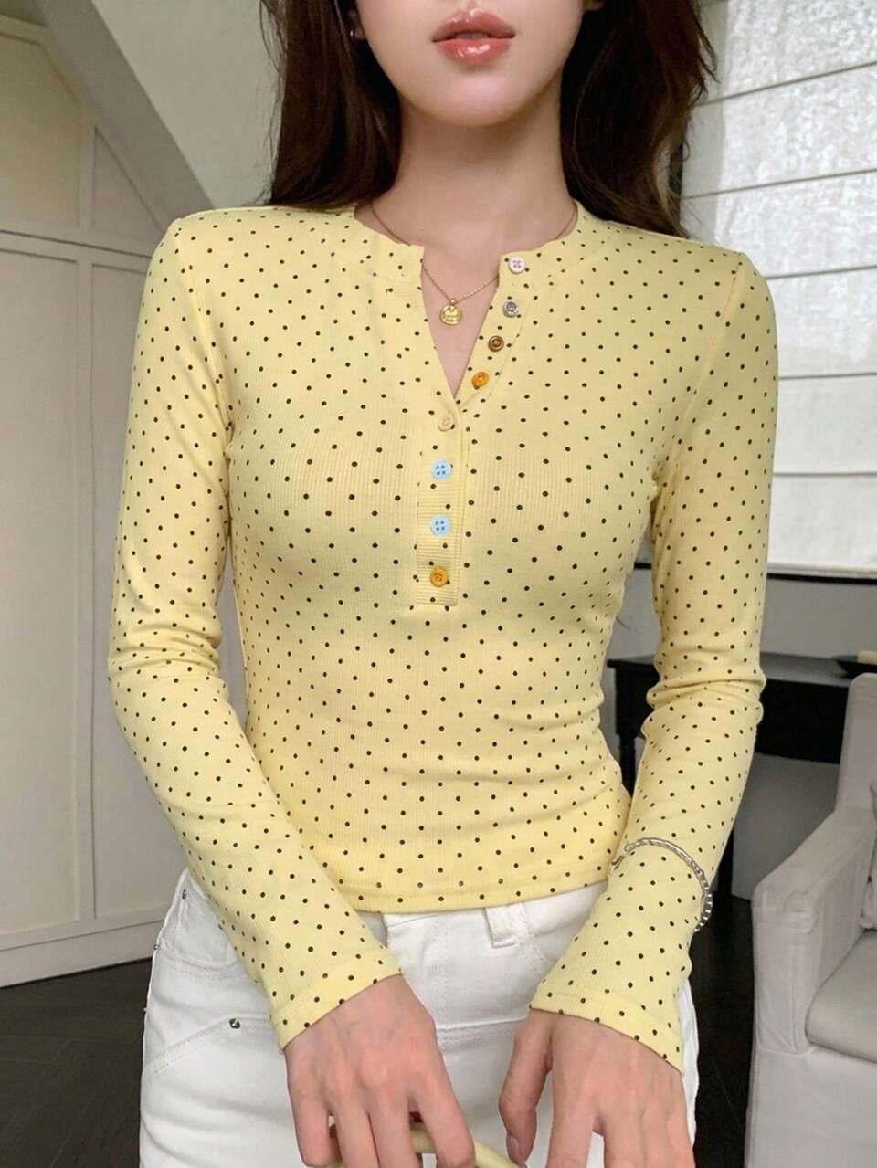 Summer Polka Dot All-Over Print Yellow Colorful Button Casual Street Sports Sexy Slim Fit Long Sleeve Women's T-Shirt