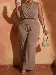 Veslaya 2026 Spring/Summer Women's Plus Size New Bold Classy Feminine Style Tummy Control Fit Breathable Elegant Casual Romantic Chocolate Brown 2 Pieces Set - Khaki - View 7