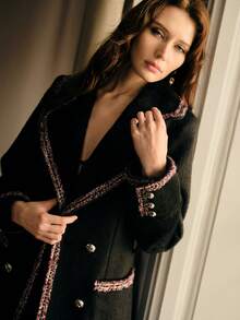 MOTF PREMIUM WOMEN CONTRAST TAPE TRIM LAPEL COLLAR DOUBLE BREASTED PLACKET BELTED COAT - Black - View 6