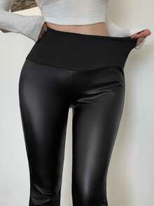 DAZY Summer Autumn New High Waist Slim Fit Solid Color Leather Fabric Flattering Flare Leg Women's Long Pants - Black - View 4