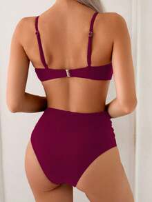 Swim Chiccia 2 件女式优雅度假金属贝壳串珠肩带高腰收腹棕色比基尼套装，2025 年春夏 - 酒紅色 - 查看 2