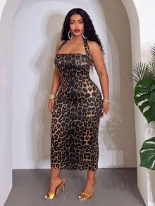 Veslaya New Summer/Autumn Plus Size Women's Sleeveless Halter Fitting Long Dress/Elegant/Party/Vacation/Festival/Holiday/Casual/Concert/Boho/Leopard Print - Multicolor - View 3