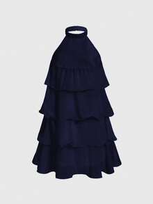 Skyraze Vestido mini blanco con cuello halter, cuello alto y volantes multicapa - Azul Marino - Ver 5