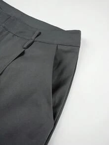 SHEIN PETITE 女款夏季高腰灰色長褲附復古腰帶，直筒寬腿西裝褲，冬季商務休閒辦公通勤服，優雅日常穿搭，適合嬌小女性 - 深灰色 - 查看 7