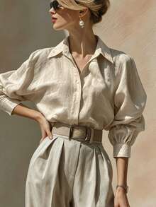 SHEIN Women's Solid Color Single-Breasted Casual Versatile Daily Wear Shirt - Khaki - View 1