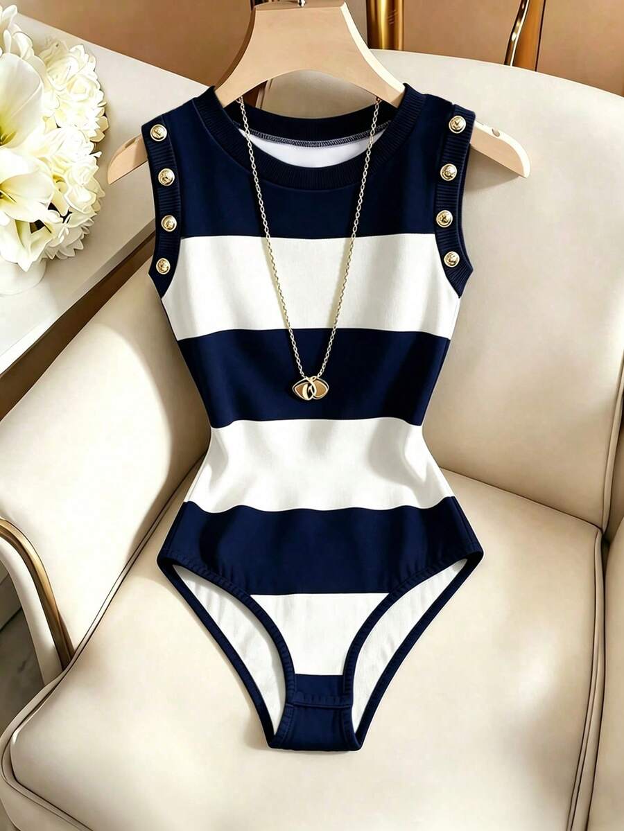 SHEIN Franclia 女款新款極簡時尚水鑽扣飾修身連身衣