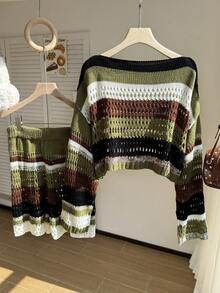 Comfortcana Setelan Sweater Rajut Berongga Warna Blok Putih dan Hijau Ukuran Besar dan Celana Pendek untuk Liburan Formal Musim Gugur Gaya Vintage 1920-an - MultiWarna - View 2