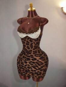 Amplova Y2K Sexy Lace Patchwork Sleeveless Bodycon Mini Dress With Brown Print, Adjustable Shoulder Straps, For Women Club Party Night Night Out Summer - Khaki - View 1