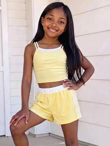 Tween Girls 2pcs/Set Casual All-Match Sports Versatile Colorblock Patchwork 2 In 1 Camisole Top And Shorts Knit Vest Mini Set, Summer, Comfortable - Yellow - View 3