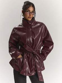 SHEIN BAE Jaket Trench Coat Wanita dengan Sabuk, Musim Gugur - Burgundy - View 1