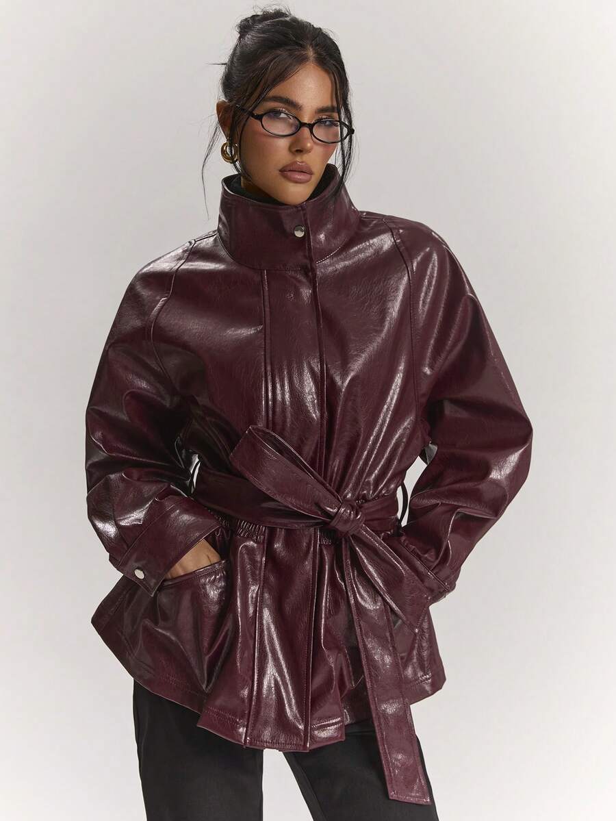 SHEIN BAE Jaket Trench Coat Wanita dengan Sabuk, Musim Gugur - Burgundy - View 1