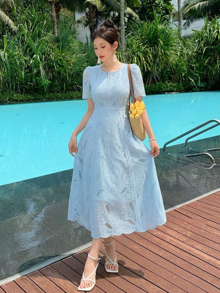 バラディサイーディドレス脇メッシュライトブルー DAZY 女性用エレガントな花柄レースラウンドネックパフスリーブミディ