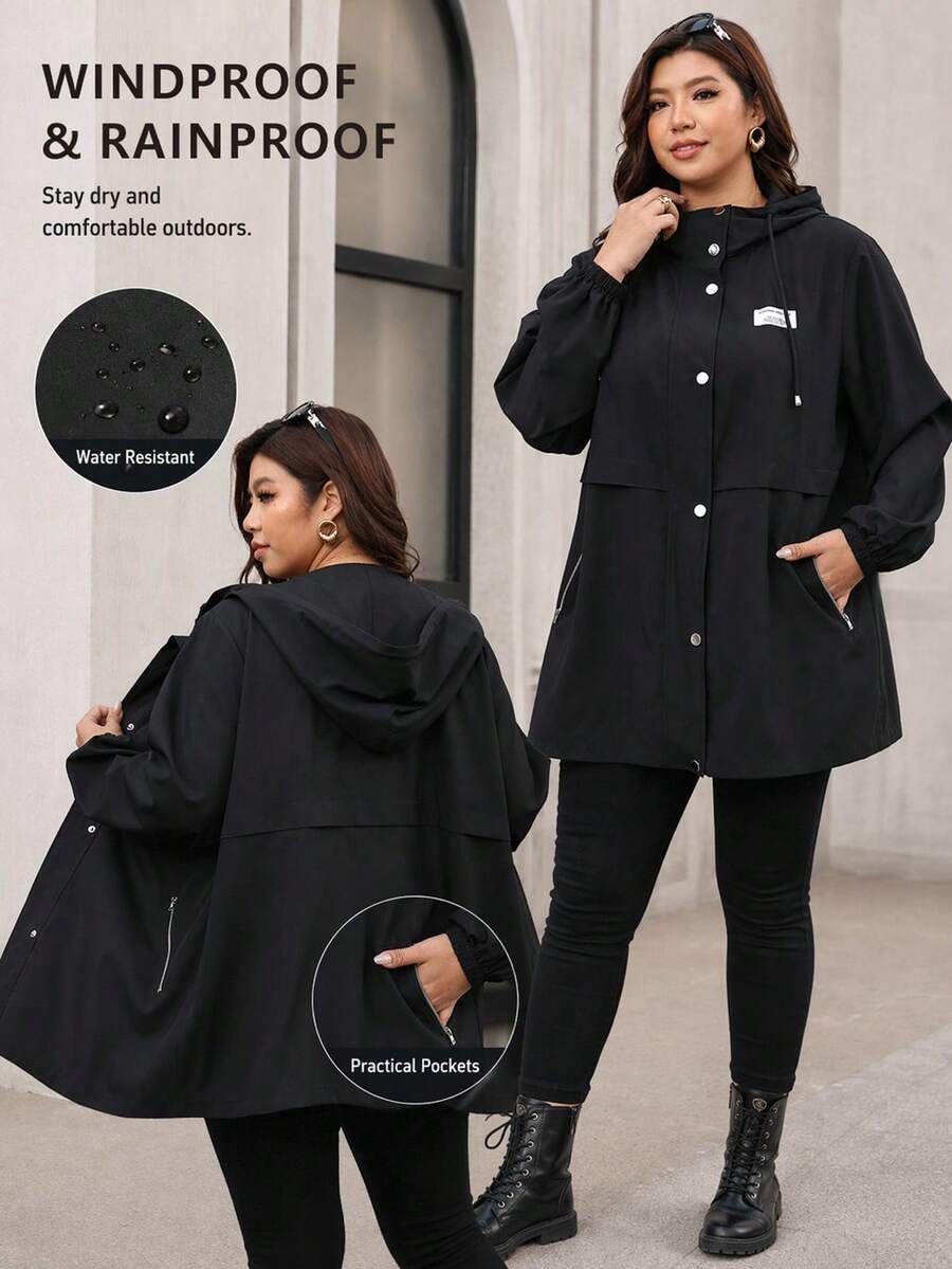 Reflora Plus Size Casual Versatile Hooded Jacket, Summer Office Black And Gold Fall - Black - View 1
