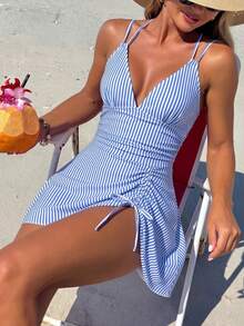 SHEIN Swim 女款夏季沙灘花卉印花抽繩交叉肩帶V領抓皺性感泳裙短裙 - 藍色 - 查看 1
