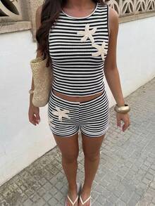 Aloruh New Summer Butter Yellow Beach Vacation Outfits Vacation Knit Top - Black and White - View 1