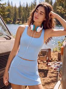 Exploreva Exploreva Women's Solid Color Minimalist Daily Sleeveless Sports Set - Blue - View 3