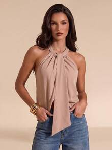 Bluhae Elegant Solid Halter Cowl Neck Top, Long Drape Tie Sleeveless Slim Fit Camisole - Khaki - View 4
