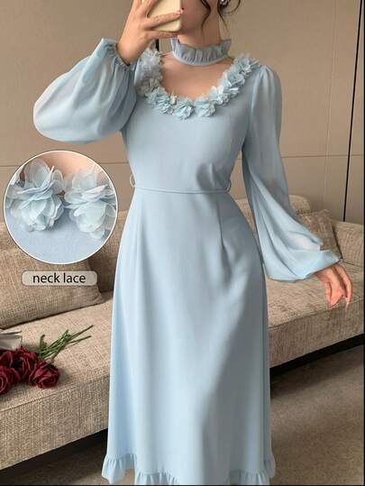 Modelyn Light Blue 3D Floral High Neck Lantern Sleeve Chiffon Midi Dress For Women