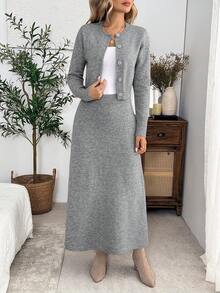 EMERY ROSE Women's Button Front Knit Cardigan & High Waist Skirt Set, Crew Neck Long Sleeve Sweater Two Pieces Outfit For Fall Winter - Grey - View 3
