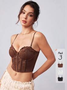 Elorette 3pcs Bra Wanita Elegan Warna Polos dengan Motif Renda dan Tambal Sulam - MultiWarna - View 2