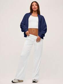 SHEIN BASICS Chaqueta holgada de punto de unicolor con cuello alto y manga larga para mujer en otoño/invierno - Azul Marino - Ver 4