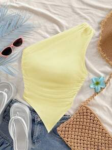 Soleia Pale Yellow Asymmetric Hem Shoulder Off Top, Suitable For Summer Vacation - Yellow - View 3