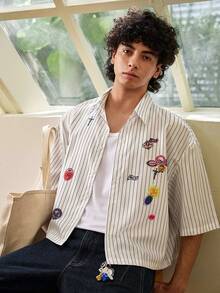 Whitmere Men's Striped Print Embroidered Front Button Short Sleeve Shirt, Summer - White - View 7