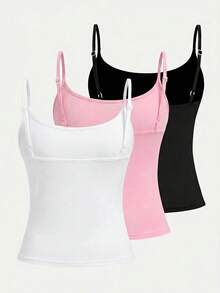 Girlism Camisetas de tirantes para niña preadolescente de color liso, casuales y versátiles para uso diario, 3 piezas/set, blanco, rosa rubor, negro, verano, vuelta al colegio - Multicolor - Ver 2