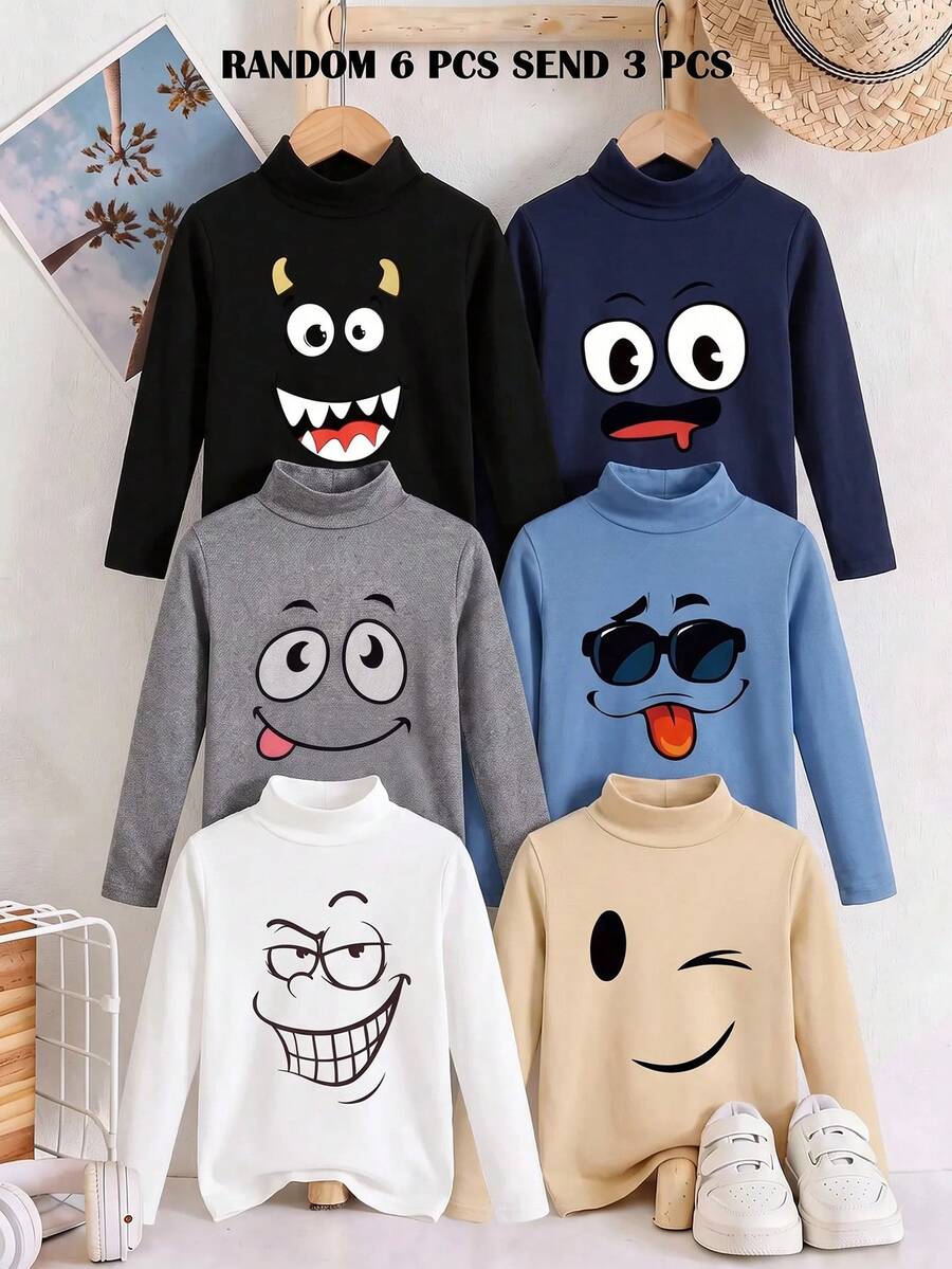 Kids Young Boys Casual Comfortable Knit Long Sleeve T-Shirt, Suitable For Autumn/Winter Face Print Random 3pcs Tops Multiple Color Halloween Holiday - Multicolor - View 1