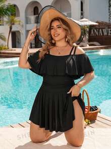Swim Lushoire Baju Renang Terusan Wanita Ukuran Besar Warna Polos dengan Detail Kerut, Kasual untuk Liburan dan Kolam Renang - Hitam - View 4