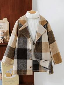 SHEIN 男孩 (小號) 羊毛格紋大衣，保暖舒適，適合 5-15°C - 棕色 - 查看 5