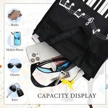 2/5pcs Piano Key Music Waterproof Oxford Cloth Tote Bag, Shoulder Bag, Shopping Bag, Travel Weekend Bag, Reusable Music Handbag, Casual Fashion, Musical Note Pattern, For School, Shopping And Commuting - Black - View 3