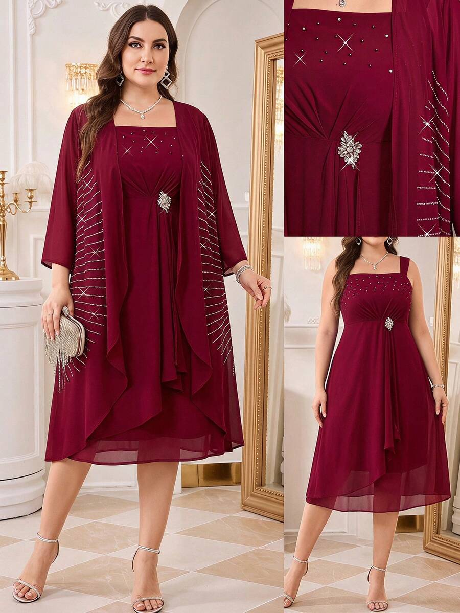 Reflora Plus Size Women's Rhinestone Decor 3/4 Sleeve Outerwear And Dress Elegant Set Autumn Wedding Formal Formal Wedding Burgundy Wedding - Burgundy - View 1