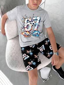 男童夏季兩件套－灰色 67 號足球印花短袖 T 恤 + 黑色印花短褲，適合休閒運動、街頭穿搭 - 彩色 - 查看 2