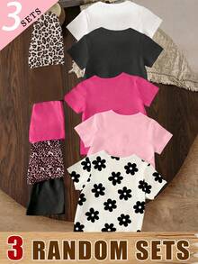 3 Random Item From 5 Summer Girls White Brown Black Pastel Pink Flower Leopard Pattern Bow Shaped Letter Printed Basic Short T+Shorts Set - Multicolor - View 2
