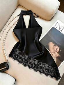Cévolie Fashion Party Slim Fit Sexy Draped Neck Cowl Neck Ruched Lace Trim Patchwork Backless Sleeveless Tank Top - Black - View 3