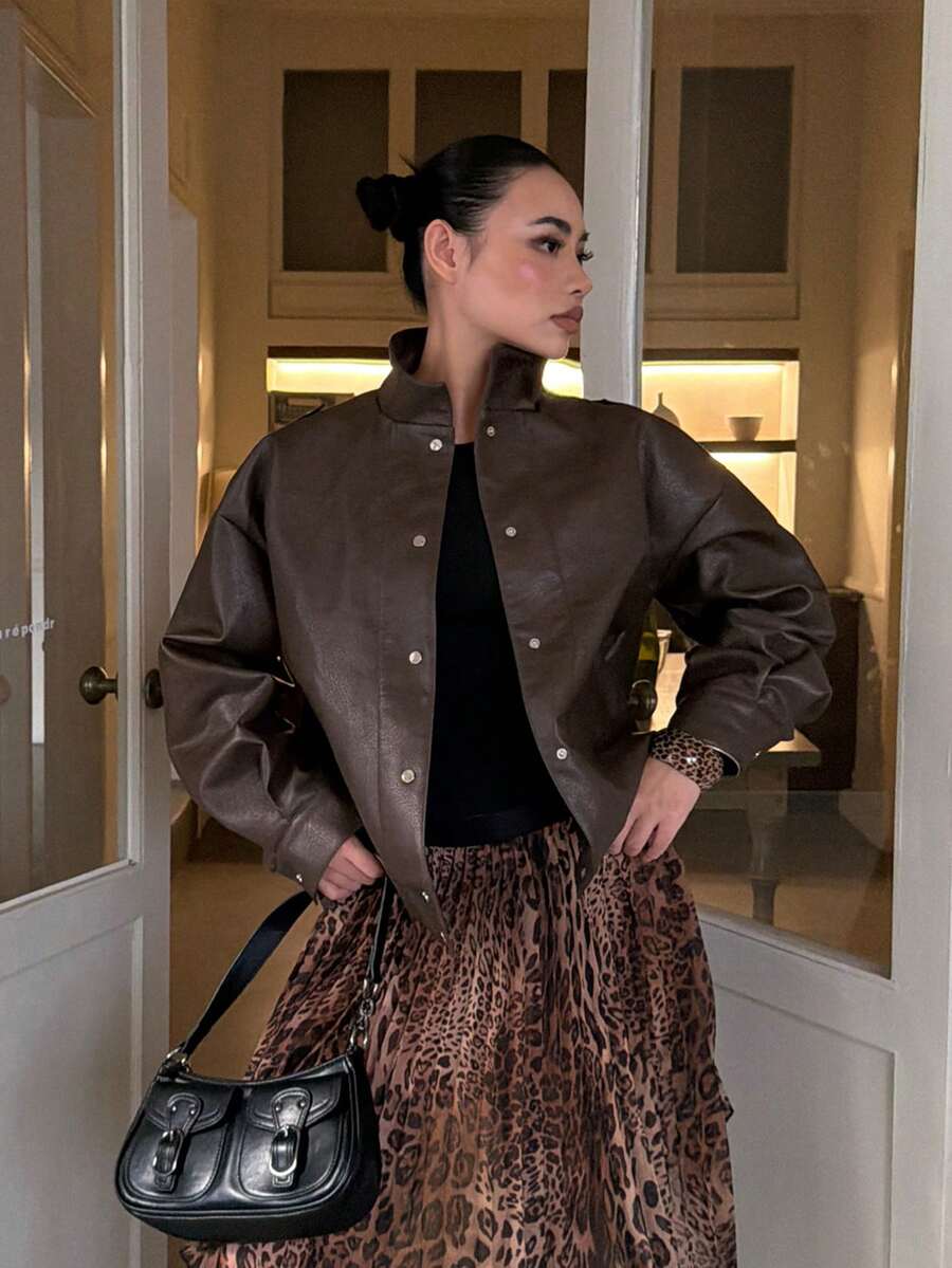 DAZY Women's Autumn Stand Collar Long Sleeve Dark Brown PU Leather Short Jacket, Loose Casual Streetwear Commuter Outdoor Motorcycle Style - Brown - View 1
