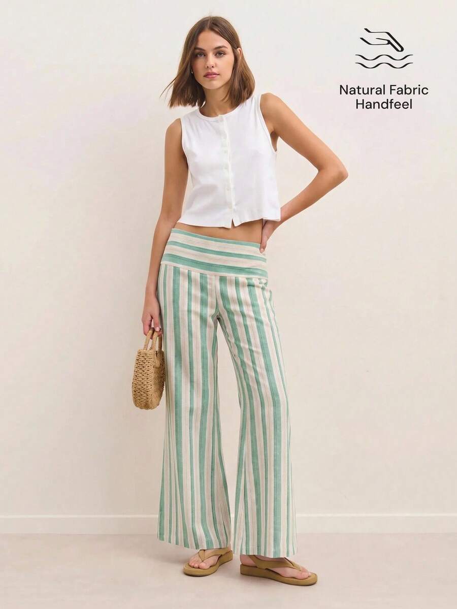 Nöista Striped Flared Pants With Stretch Waist And Relaxed Fit, Elegant Fall Casual Trousers, Back To School, Office, Everyday Style - Green - View 1