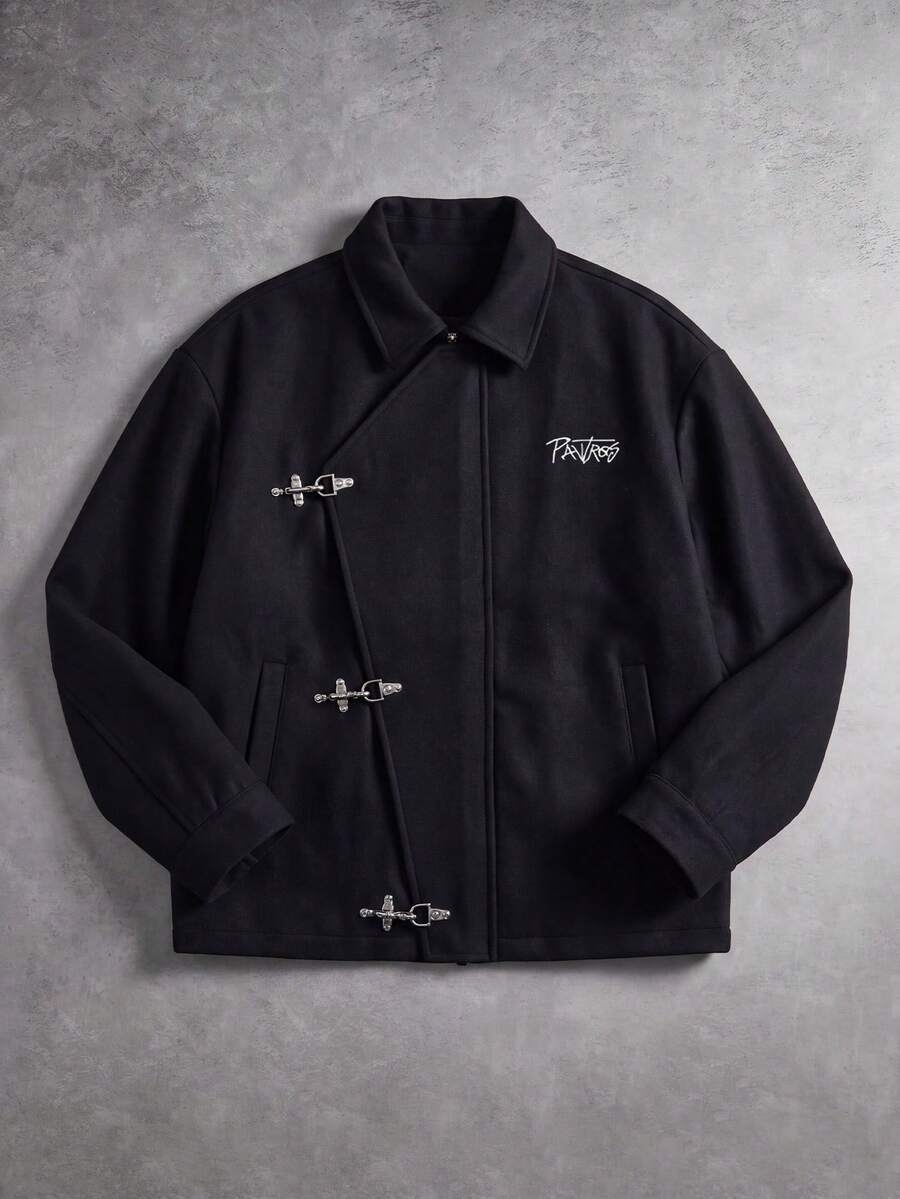 Manfinity Hypemode Men's Fall Black Metal Buckle American Vintage Streetwear Silhouette Workwear Casual Commute Daily Versatile Jacket Overcoat Vacation - Black - View 1