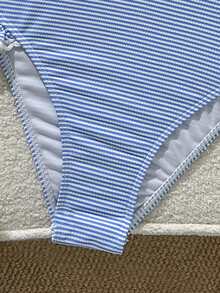 Swim Mod Women's Summer Beach Vacation Vacations Sweet And Cute Blue Striped Striped Ruched One-Piece Swimsuit. Coastal Cute - Multicolor - View 5